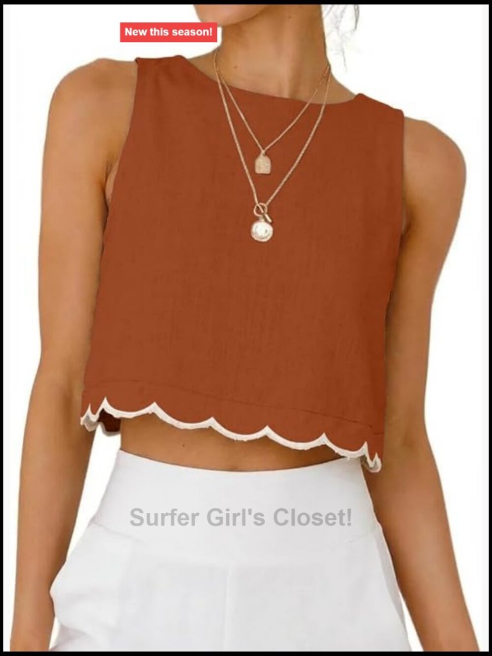 Cropped Sleeveless Linen Blend Tank Top High Neck Scallop Hem